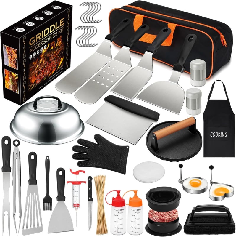 Set de unelte pentru grătar pentru exterior cu mânere din plastic, spatulă, tigaie pentru grătar și accesorii, în geantă de depozitare