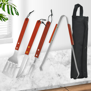 Set de unelte pentru grătar din oțel inoxidabil, mâner din lemn, 5 piese