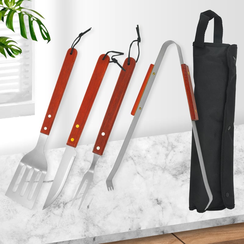 Set de unelte pentru grătar din oțel inoxidabil, mâner din lemn, 5 piese