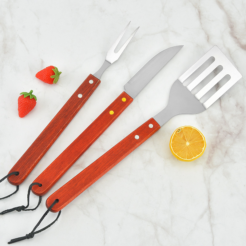 Set de unelte pentru grătar din oțel inoxidabil, mâner din lemn, 5 piese