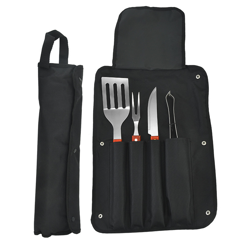 Set de unelte pentru grătar din oțel inoxidabil, mâner din lemn, 5 piese