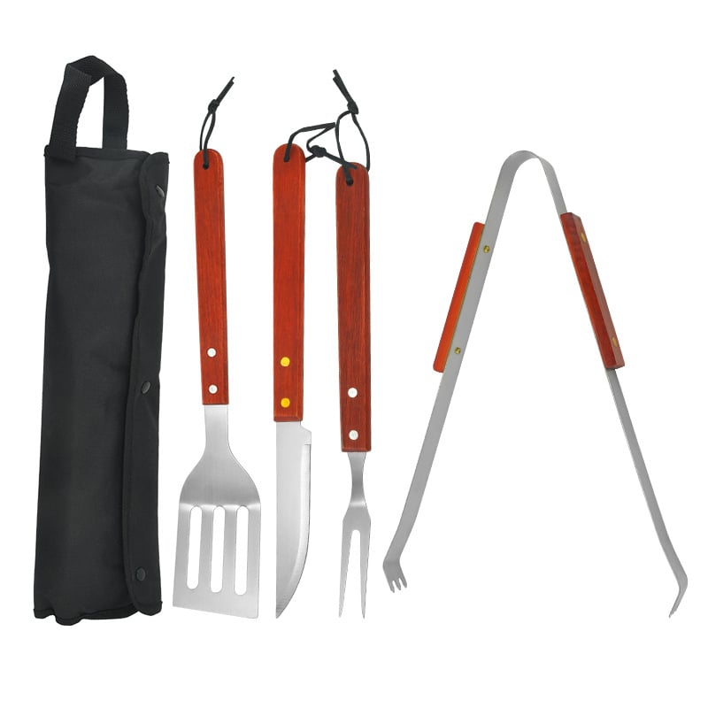 Set de unelte pentru grătar din oțel inoxidabil, mâner din lemn, 5 piese