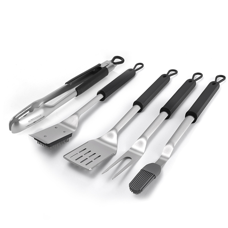 Set personalizat de ustensile pentru grătar din oțel inoxidabil 430, exterior, cinci piese, mânere antialunecare din cauciuc și plastic