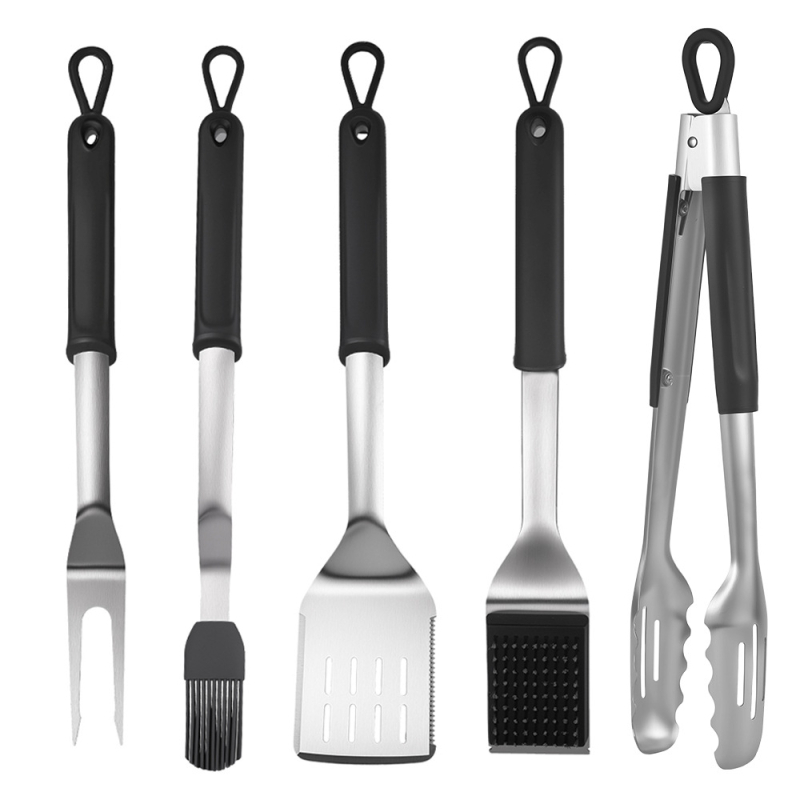 Set personalizat de ustensile pentru grătar din oțel inoxidabil 430, exterior, cinci piese, mânere antialunecare din cauciuc și plastic