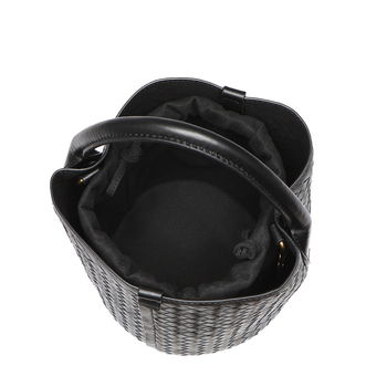 Srednje veličine ženska pletena torba od ovčje kože, bucket stil, s dvostrukim remenom, unutarnji džepovi za telefon, osobnu iskaznicu i kameru