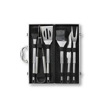 Set de șase unelte pentru grătar din oțel inoxidabil în cutie din aluminiu