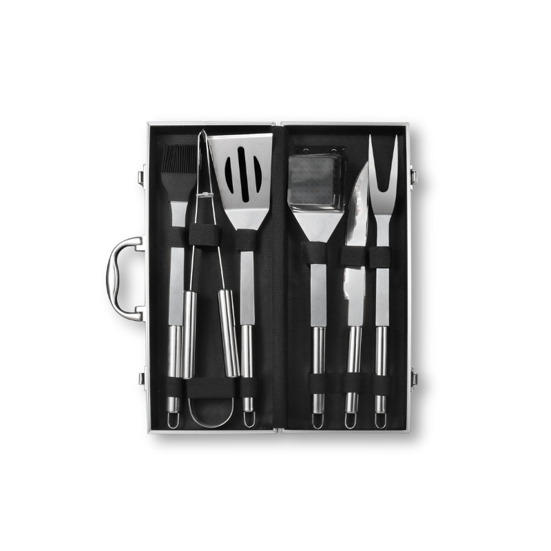 Set de șase unelte pentru grătar din oțel inoxidabil în cutie din aluminiu
