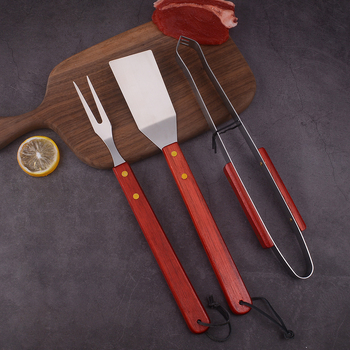 Set de unelte pentru grătar din oțel inoxidabil cu mâner din lemn, 3 piese: furcă, spatulă și clip