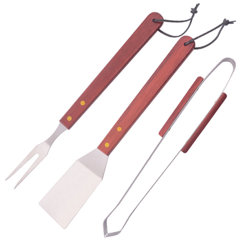 Set de unelte pentru grătar din oțel inoxidabil cu mâner din lemn, 3 piese: furcă, spatulă și clip