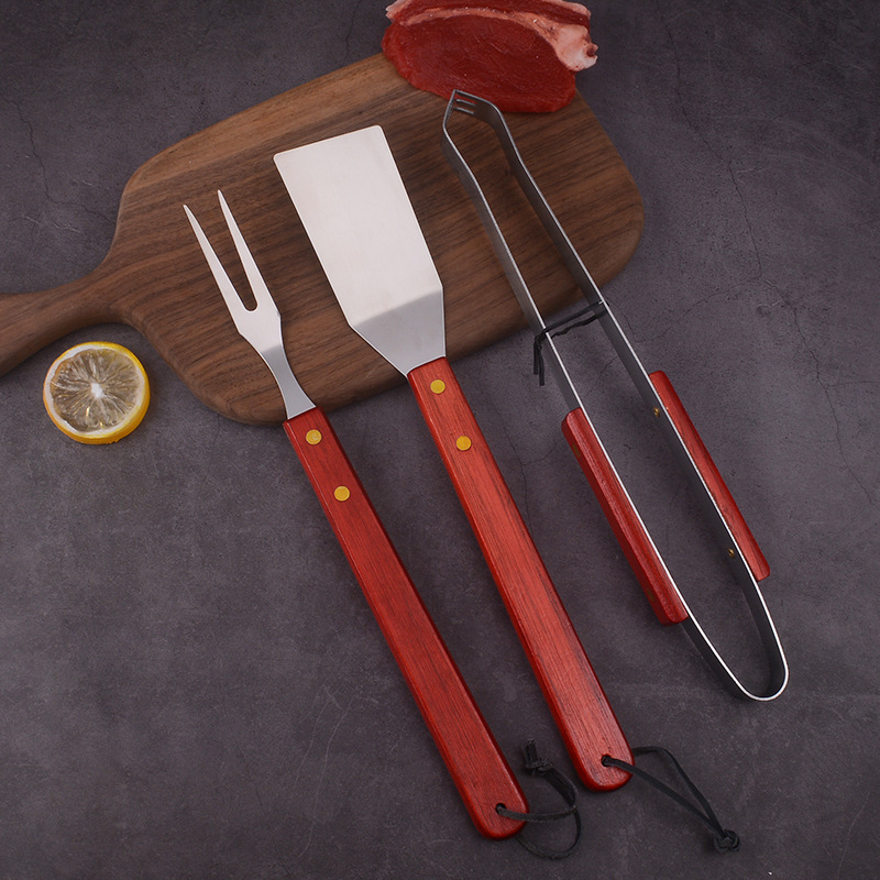 Set de unelte pentru grătar din oțel inoxidabil cu mâner din lemn, 3 piese: furcă, spatulă și clip