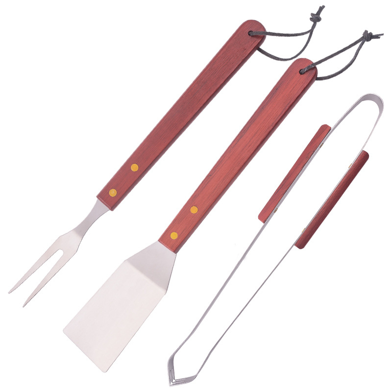 Set de unelte pentru grătar din oțel inoxidabil cu mâner din lemn, 3 piese: furcă, spatulă și clip