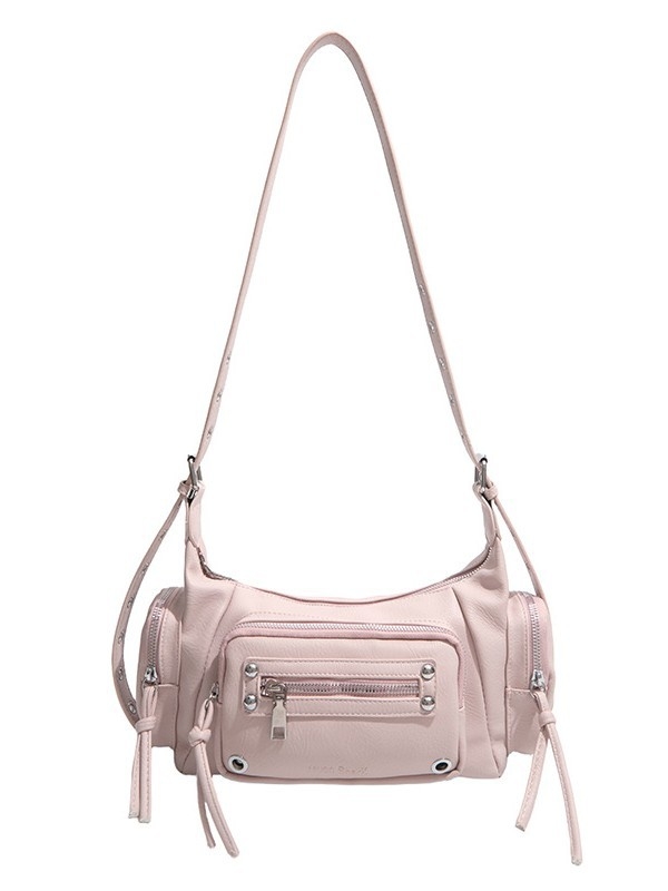 Ženska tote torba s više džepova i metalnim zakovicama, korejskog modnog izričaja, ljeto 2026, svestrana za svakodnevno nošenje preko ramena ili kao crossbody.