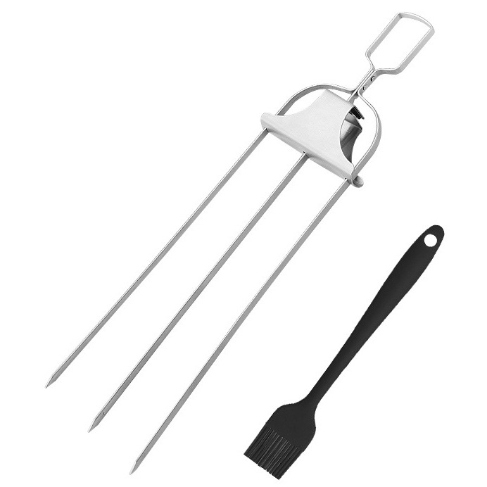 Furculiță de grătar din oțel inoxidabil, cu trei dinți, pentru exterior – frigere pentru carne, aripioare de pui și legume, camping