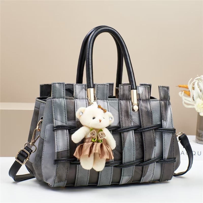Moderna retro tkana ženska torba velikog kapaciteta, otporna na ogrebotine, crossbody torba za rame, s privjeskom u obliku medvjeda