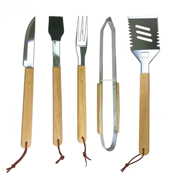 Set de 5 ustensile pentru grătar din oțel inox cu mâner din lemn, protecție împotriva arsurilor, pentru camping în aer liber și mese în familie