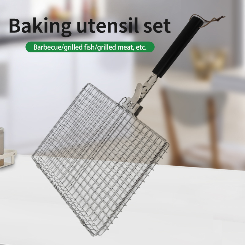 Set grill din oțel inoxidabil cu clești pentru carne și pește, clești pentru legume, frigărui, pensulă de ulei și grilă