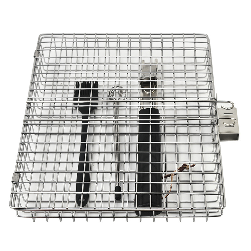 Set grill din oțel inoxidabil cu clești pentru carne și pește, clești pentru legume, frigărui, pensulă de ulei și grilă