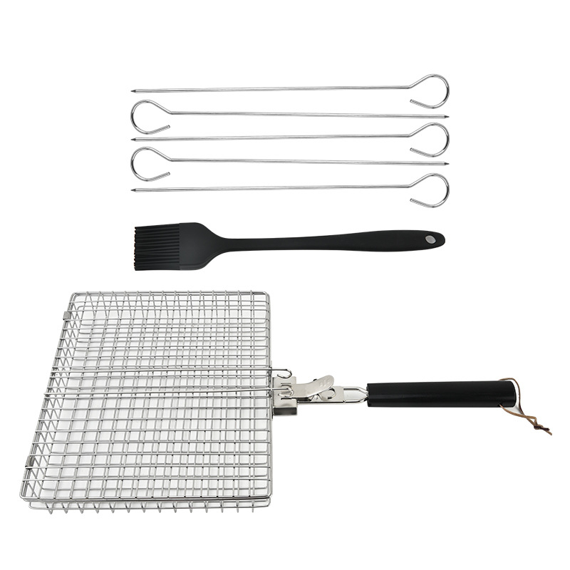 Set grill din oțel inoxidabil cu clești pentru carne și pește, clești pentru legume, frigărui, pensulă de ulei și grilă