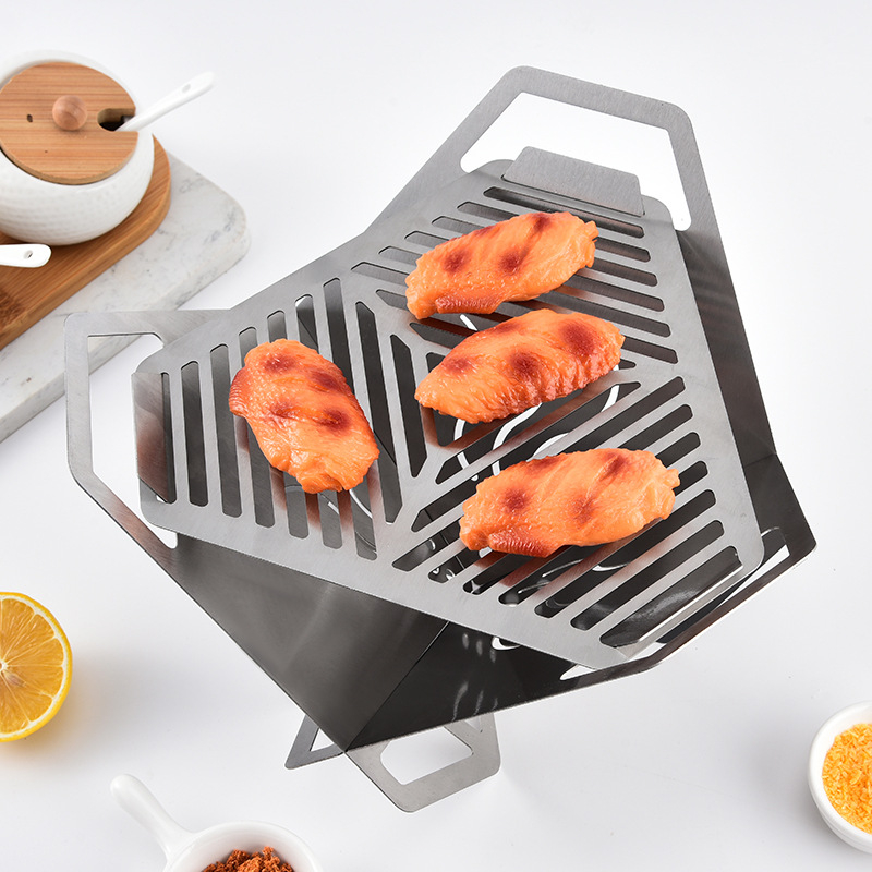 Grătar de exterior portabil, formă de lotus triunghiular, din oțel inoxidabil, grill mini detașabil în formă de card
