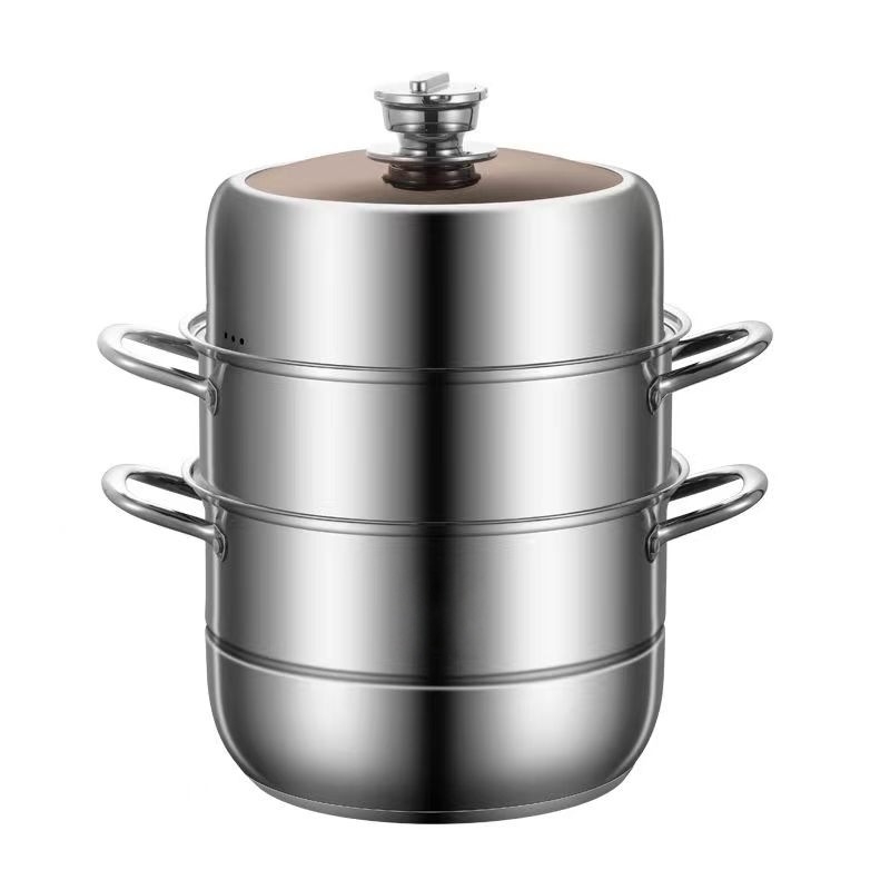 Vaporator din oțel inoxidabil, trei niveluri, capacitate mare, pentru gătit la abur: chifle, pește și supe