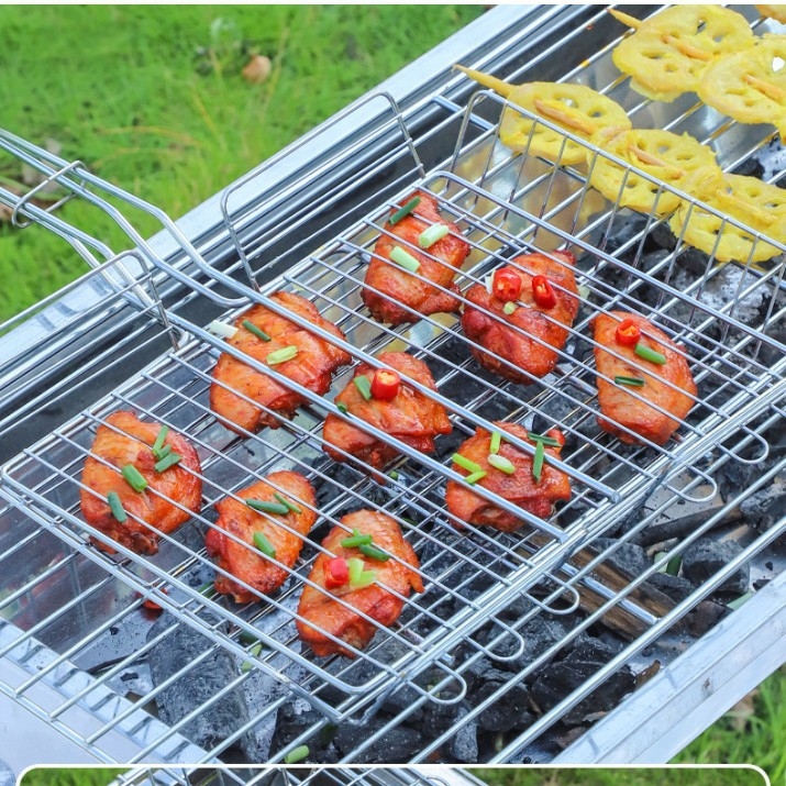 Coș de grătar din oțel inoxidabil, pătrat, pentru pește și carne, camping în aer liber, grătar pliabil