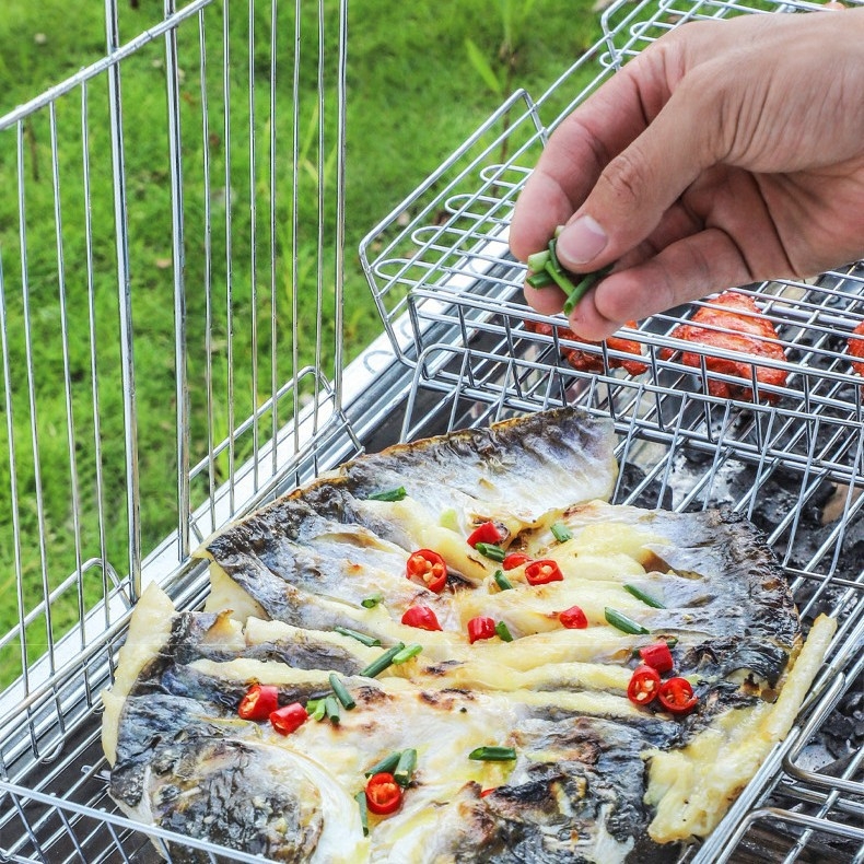 Coș de grătar din oțel inoxidabil, pătrat, pentru pește și carne, camping în aer liber, grătar pliabil