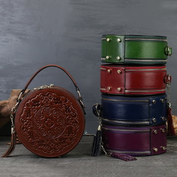 Prava koža, retro-reljefna mala okrugla torbica za žene, visoke kvalitete, preko ramena ili crossbody