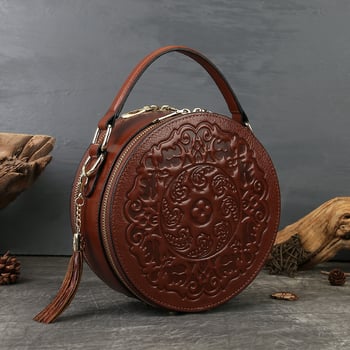 Prava koža, retro-reljefna mala okrugla torbica za žene, visoke kvalitete, preko ramena ili crossbody