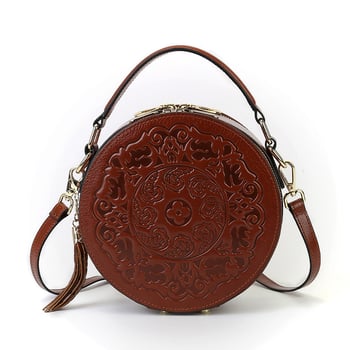 Prava koža, retro-reljefna mala okrugla torbica za žene, visoke kvalitete, preko ramena ili crossbody