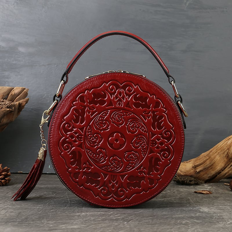 Prava koža, retro-reljefna mala okrugla torbica za žene, visoke kvalitete, preko ramena ili crossbody