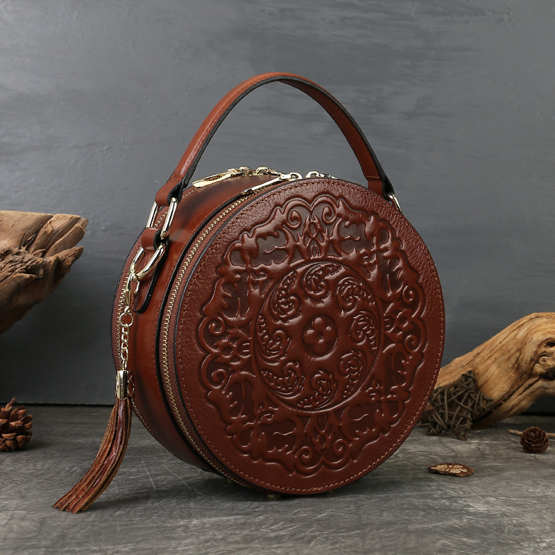 Prava koža, retro-reljefna mala okrugla torbica za žene, visoke kvalitete, preko ramena ili crossbody