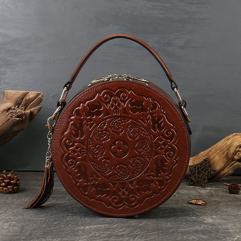 Prava koža, retro-reljefna mala okrugla torbica za žene, visoke kvalitete, preko ramena ili crossbody