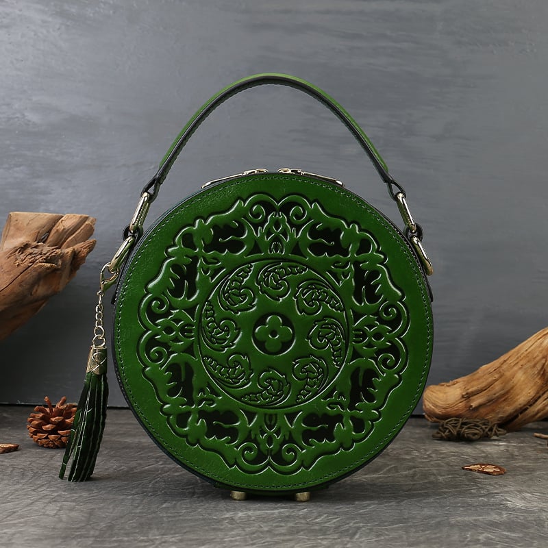Prava koža, retro-reljefna mala okrugla torbica za žene, visoke kvalitete, preko ramena ili crossbody