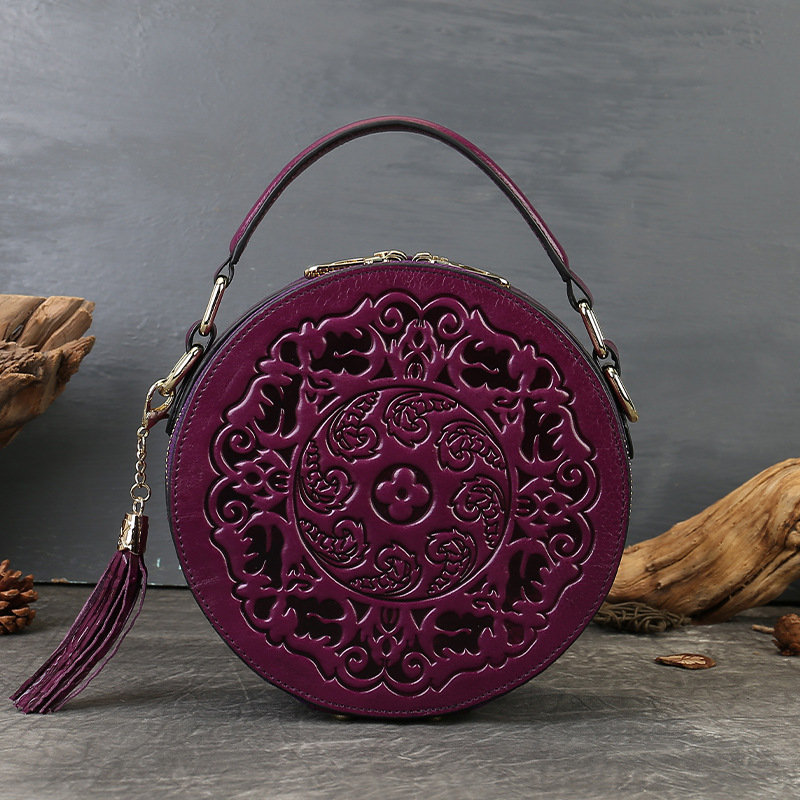 Prava koža, retro-reljefna mala okrugla torbica za žene, visoke kvalitete, preko ramena ili crossbody