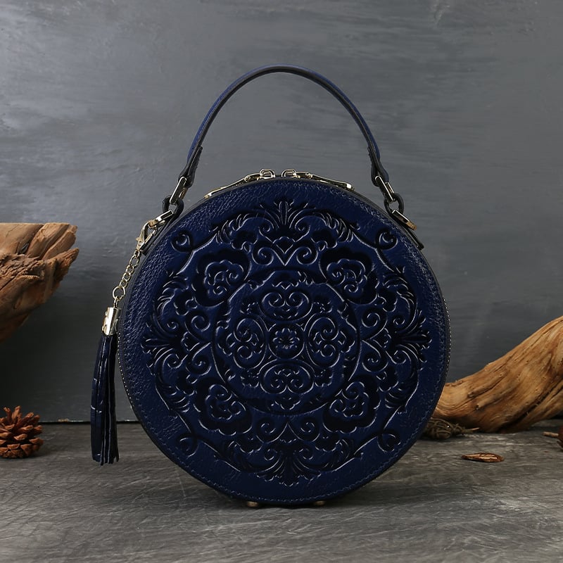 Prava koža, retro-reljefna mala okrugla torbica za žene, visoke kvalitete, preko ramena ili crossbody