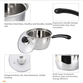 Oală din oțel inoxidabil pentru supă și lapte, cu mâneri dubli și design curbat, oală pentru aburi și fierbere de supă, potrivită pentru aragaz cu gaz și plită cu inducție, 1.1-2 L