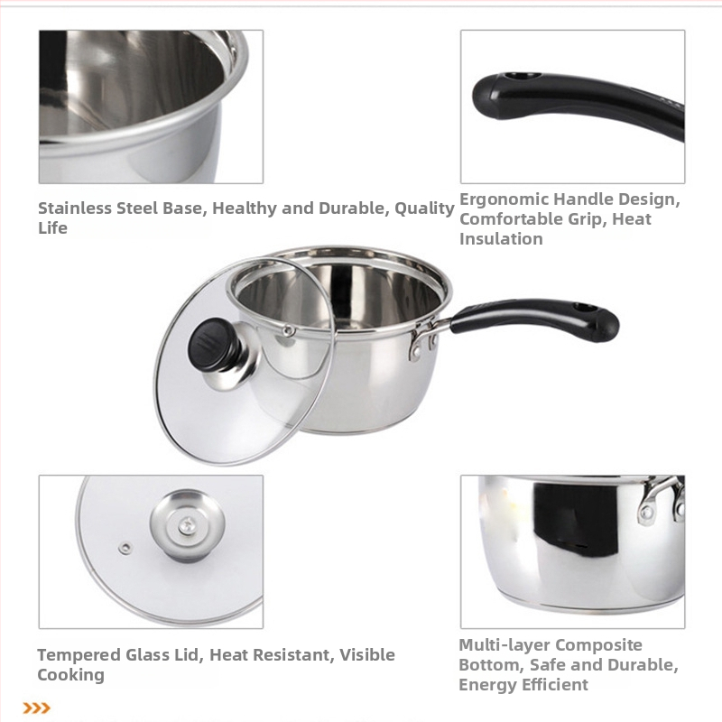 Oală din oțel inoxidabil pentru supă și lapte, cu mâneri dubli și design curbat, oală pentru aburi și fierbere de supă, potrivită pentru aragaz cu gaz și plită cu inducție, 1.1-2 L