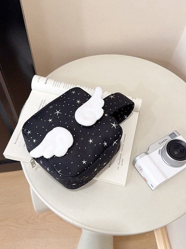 Mala četvrtasta nylon torbica s blistavim zvjezdama i anđelovim krilima; kompaktna torbica za skladištenje i šminku, torbica Instax/Polaroid i organizator za higijenske potrepštine.