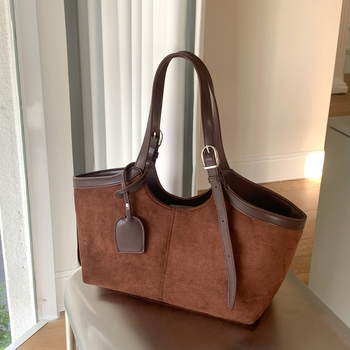 Jesen–zimska torba od suede kože s PU patchwork dizajnom, velika kapaciteta, ženska torba preko ramena za svakodnevnu uporabu