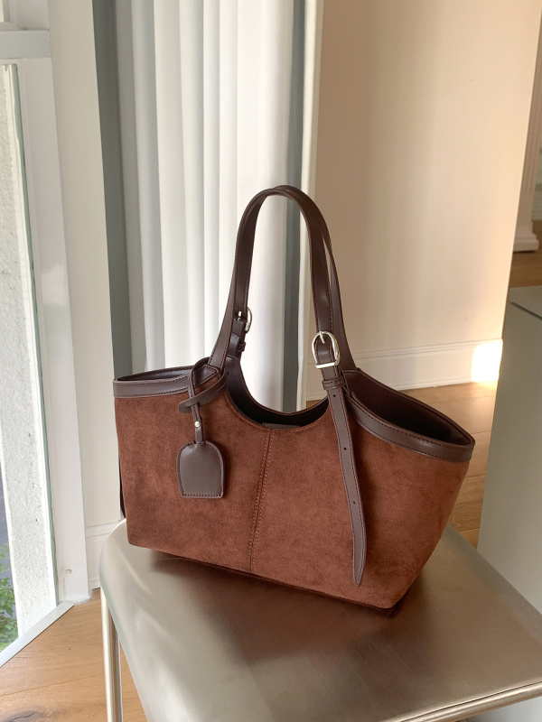 Jesen–zimska torba od suede kože s PU patchwork dizajnom, velika kapaciteta, ženska torba preko ramena za svakodnevnu uporabu