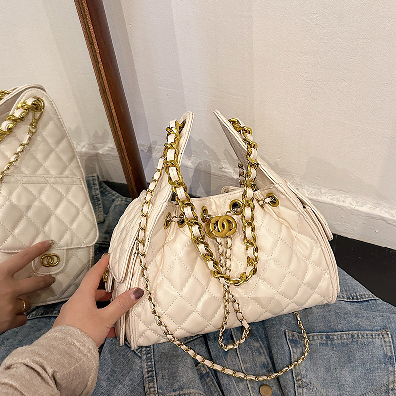 Ženska torbica preko ramena s dijamantnim uzorkom i lancem, velika kapaciteta, zatvaranje šnrom, jesenska crossbody torba