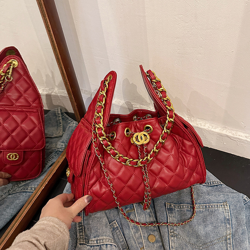 Ženska torbica preko ramena s dijamantnim uzorkom i lancem, velika kapaciteta, zatvaranje šnrom, jesenska crossbody torba