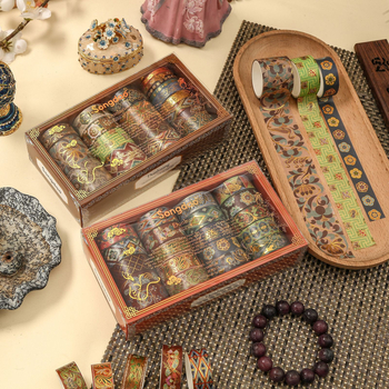 Bandă Washi Dunhuang în stil vintage chinezesc – rolă întreagă pentru jurnal, cu folie de aur