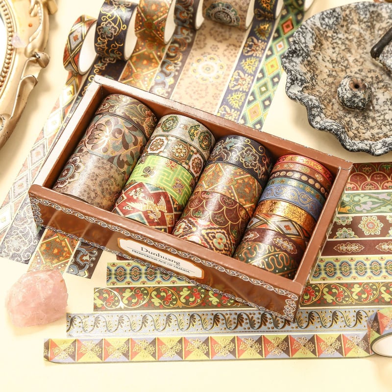 Bandă Washi Dunhuang în stil vintage chinezesc – rolă întreagă pentru jurnal, cu folie de aur