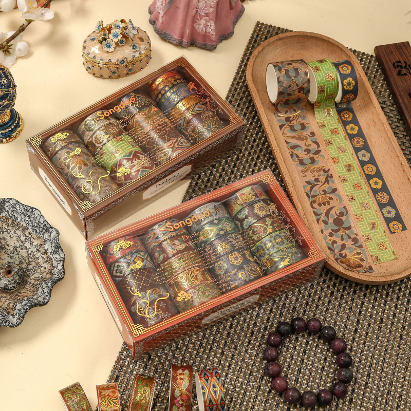Bandă Washi Dunhuang în stil vintage chinezesc – rolă întreagă pentru jurnal, cu folie de aur