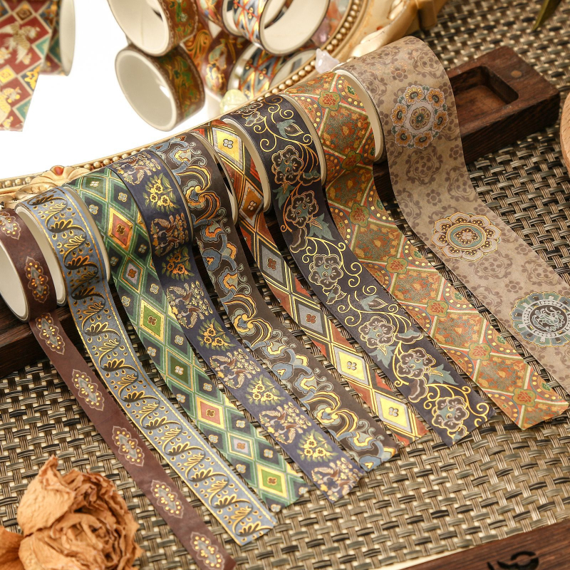 Bandă Washi Dunhuang în stil vintage chinezesc – rolă întreagă pentru jurnal, cu folie de aur