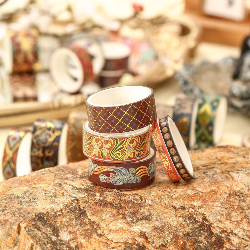Bandă Washi Dunhuang în stil vintage chinezesc – rolă întreagă pentru jurnal, cu folie de aur