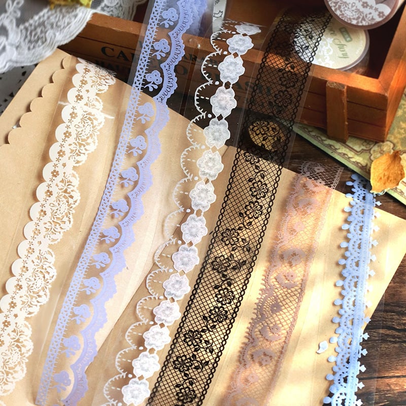 Bandă PET cu dantelă – stil retro, transparentă, autocolant pentru jurnal, colaj și margine de fond