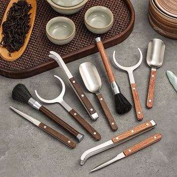 Set de ceai din oțel inoxidabil cu finisaj titan-auriu și accente din lemn de abanos; accesorii Kung Fu pentru ceai, instrument de întreținere a ceainicului, clește pentru ceai, clips anti-arzire