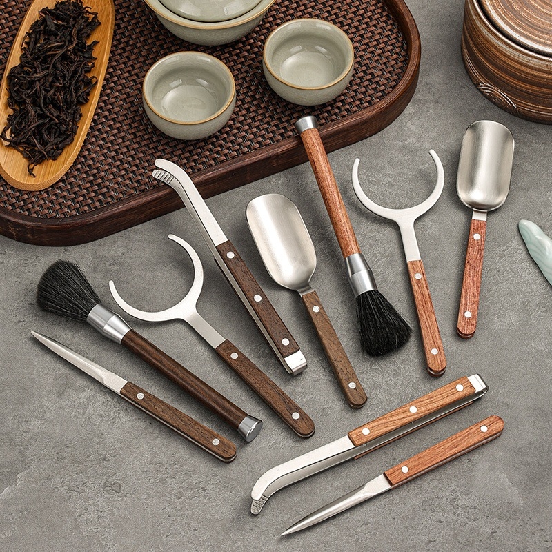 Set de ceai din oțel inoxidabil cu finisaj titan-auriu și accente din lemn de abanos; accesorii Kung Fu pentru ceai, instrument de întreținere a ceainicului, clește pentru ceai, clips anti-arzire